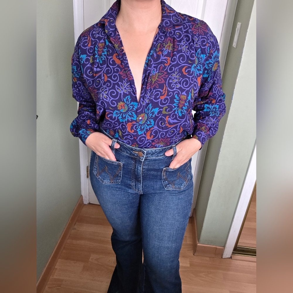 Karen Kane Vintage Multicolor Button Down Shirt 80s Retro Western Office Size 8